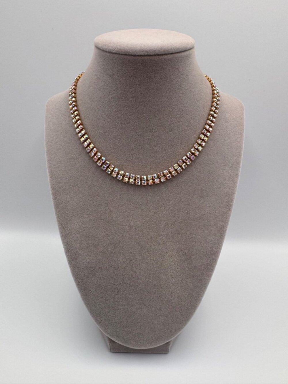 Vintage AB Aurora Borealis Rhinestone Necklace Double Row 1950s 14”